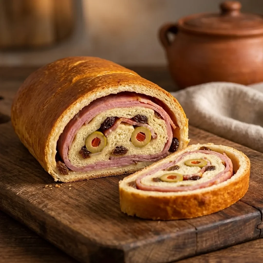 Sliced ham bread with olives and raisins