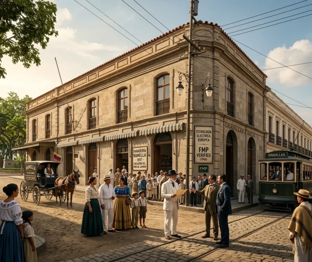 Facade of a historic bakery with people on the street