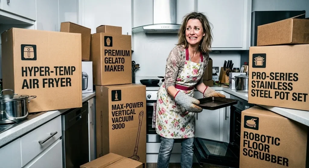 Woman in a kitchen surrounded by boxes of appliances