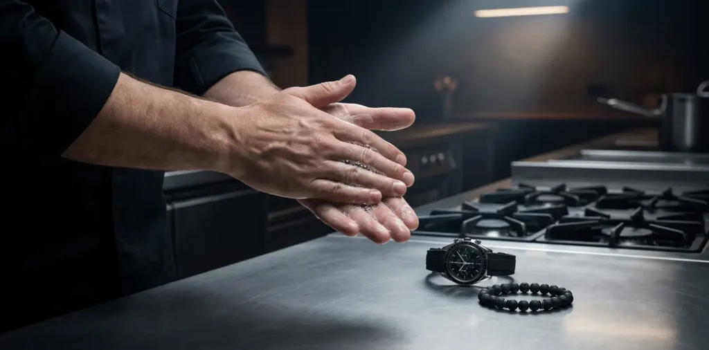 Hands washing with soap at a kitchen sink