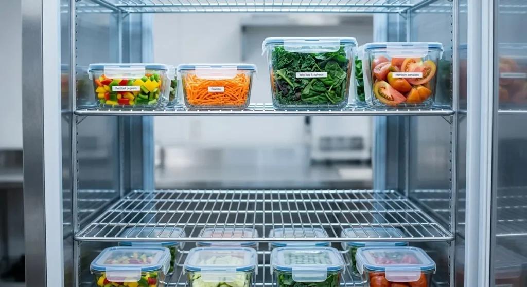 Refrigerator shelves with containers of fruit and vegetables