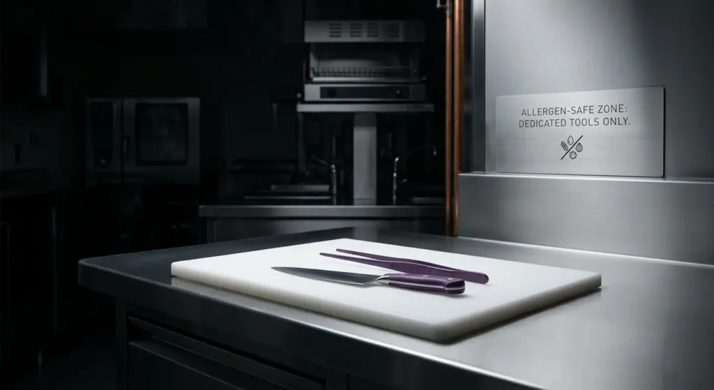 Cutting board and knife in a preparation area with a safety sign