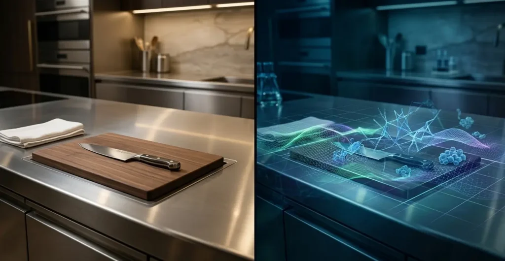 Clean kitchen and its digital representation with microorganisms
