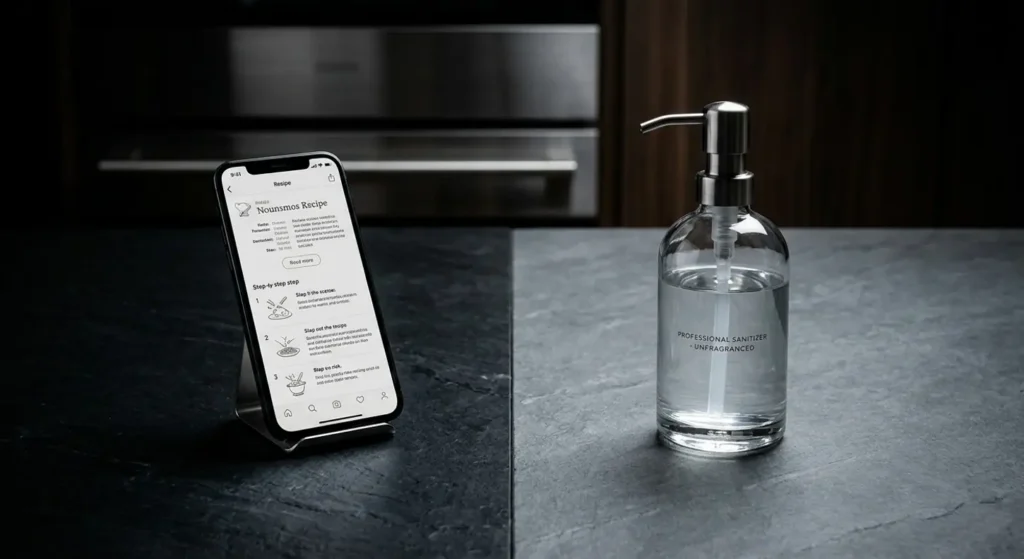 Phone with a checklist next to a hand sanitizer dispenser