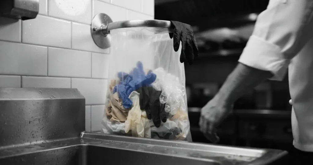 Gloved hand throwing food waste into a bin