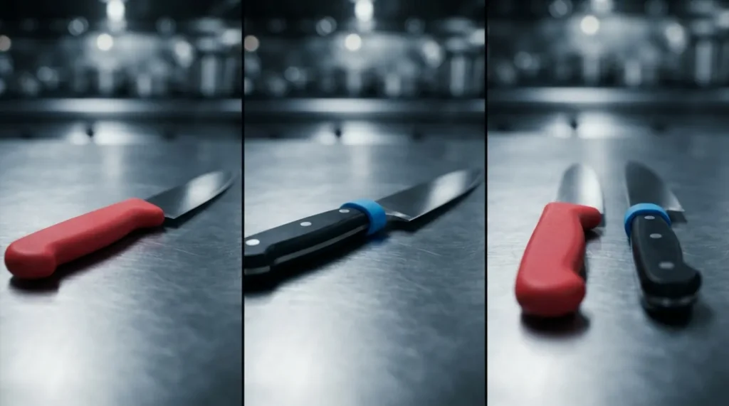 Three close-ups of red and black knife handles