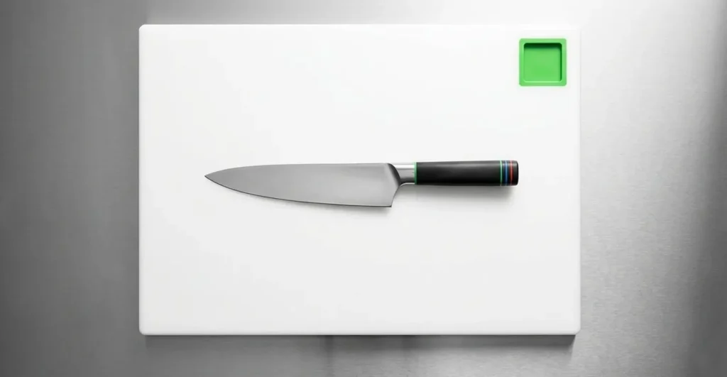 Knife on a white cutting board with a green sticker