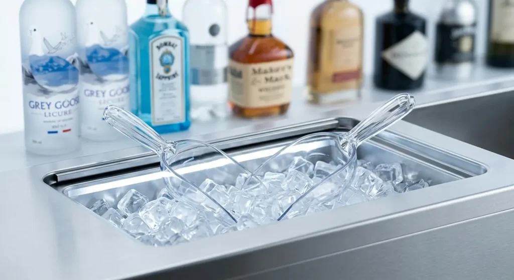 Ice bucket with liquor bottles in the background