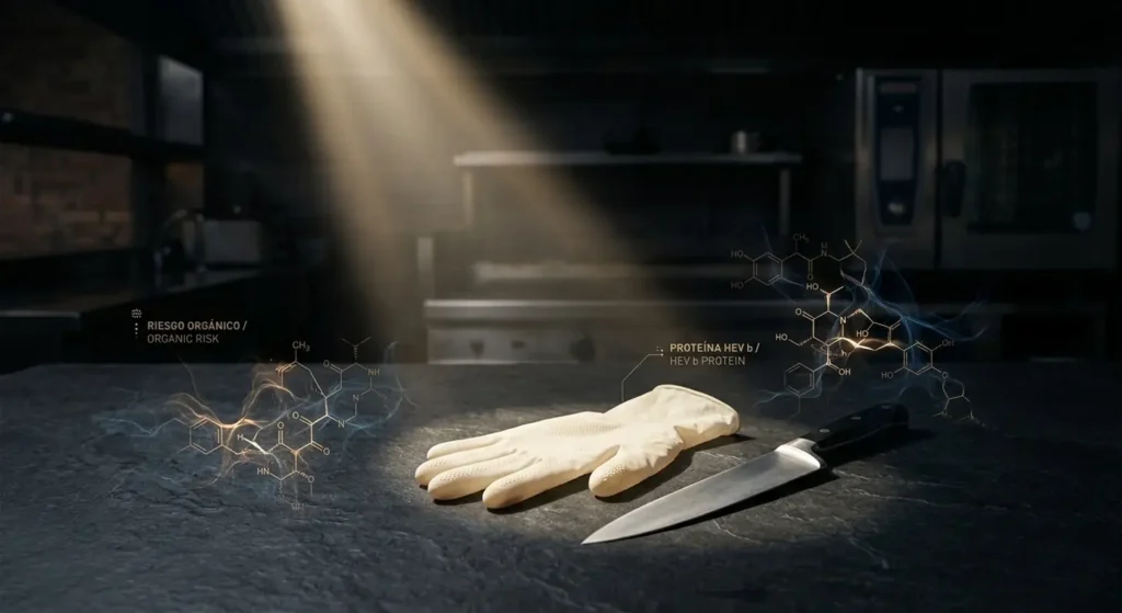 Latex glove and knife on a dark surface