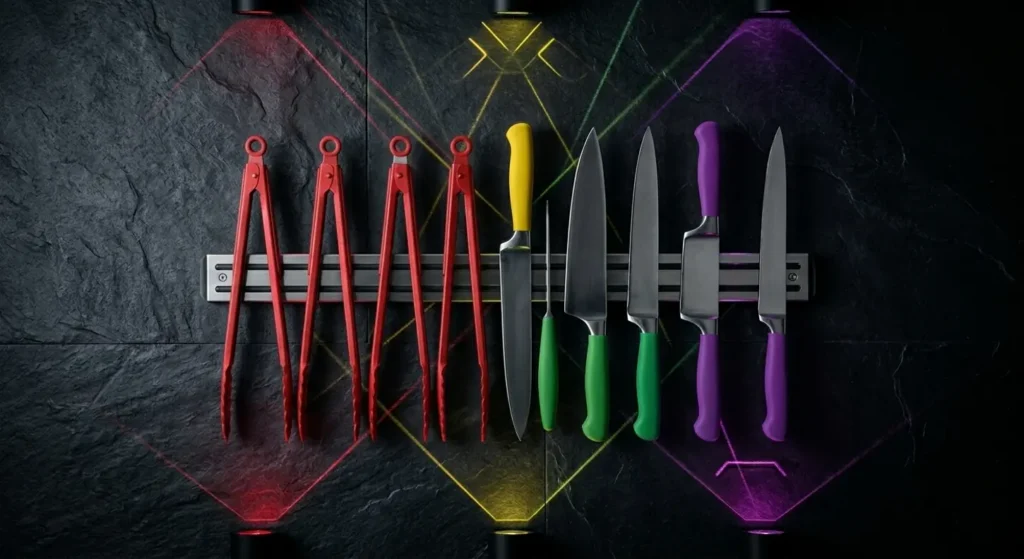 Colored knives on a dark background with neon lines