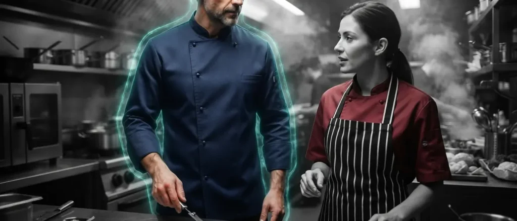 Two kitchen workers surrounded by a protective shield