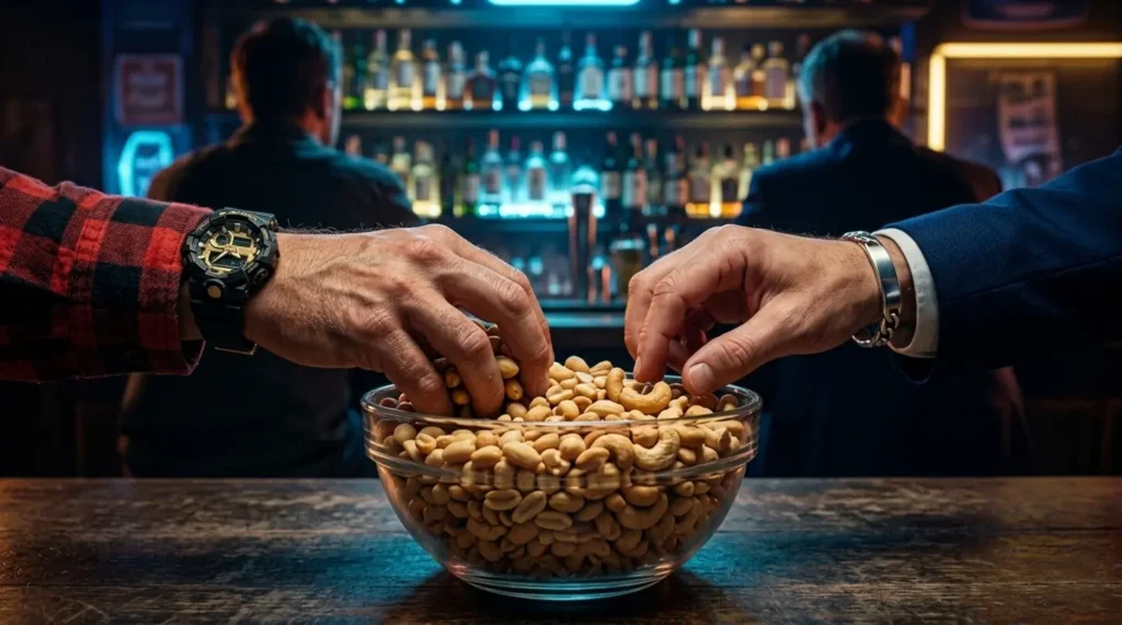Hands taking peanuts from a bowl in a bar