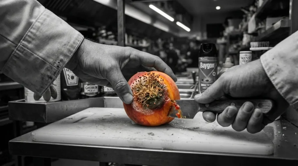 Hands cutting a moldy orange on a cutting board