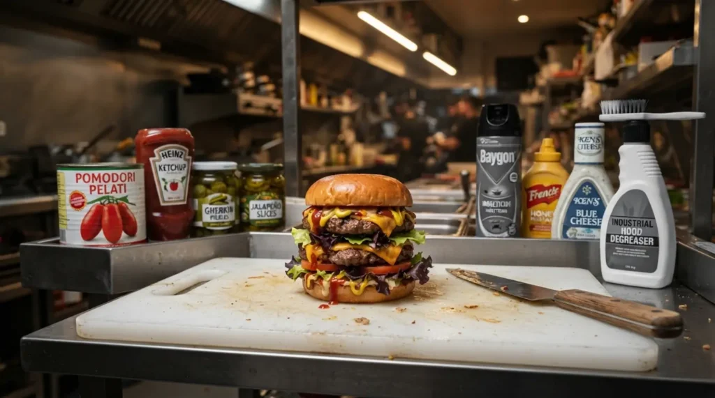 Hamburger on a cutting board surrounded by cleaning products