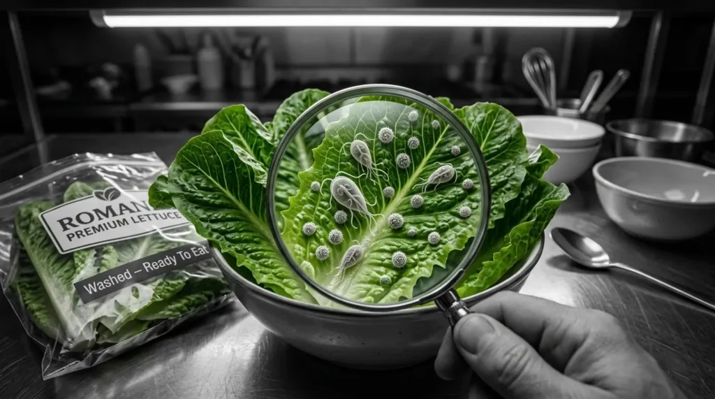 Gloved hand holding a bowl of romaine lettuce next to a bag