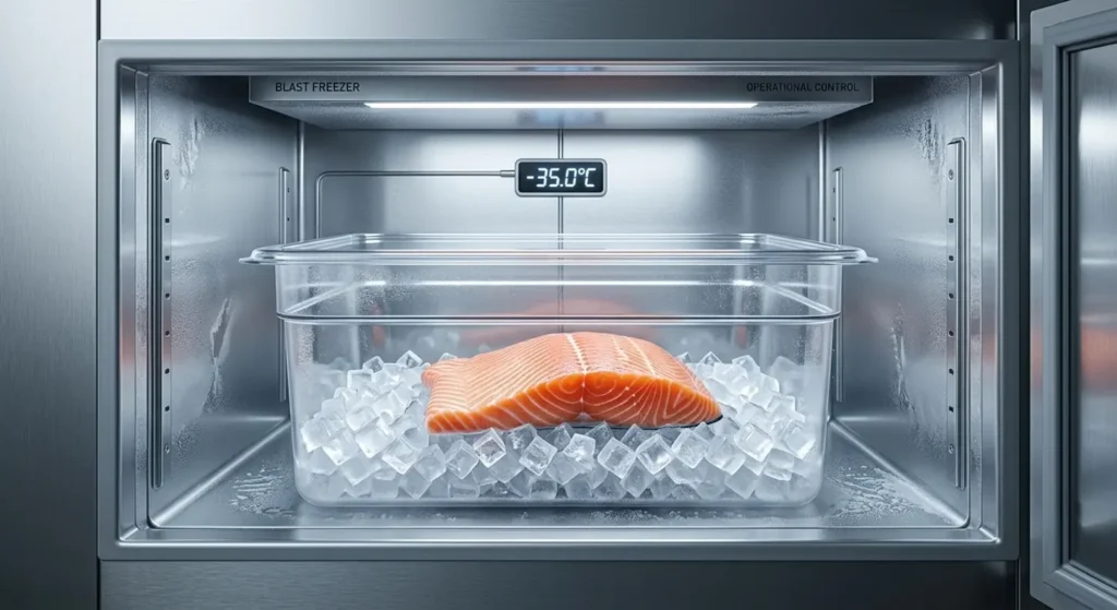 Salmon fillet on a tray inside a blast chiller