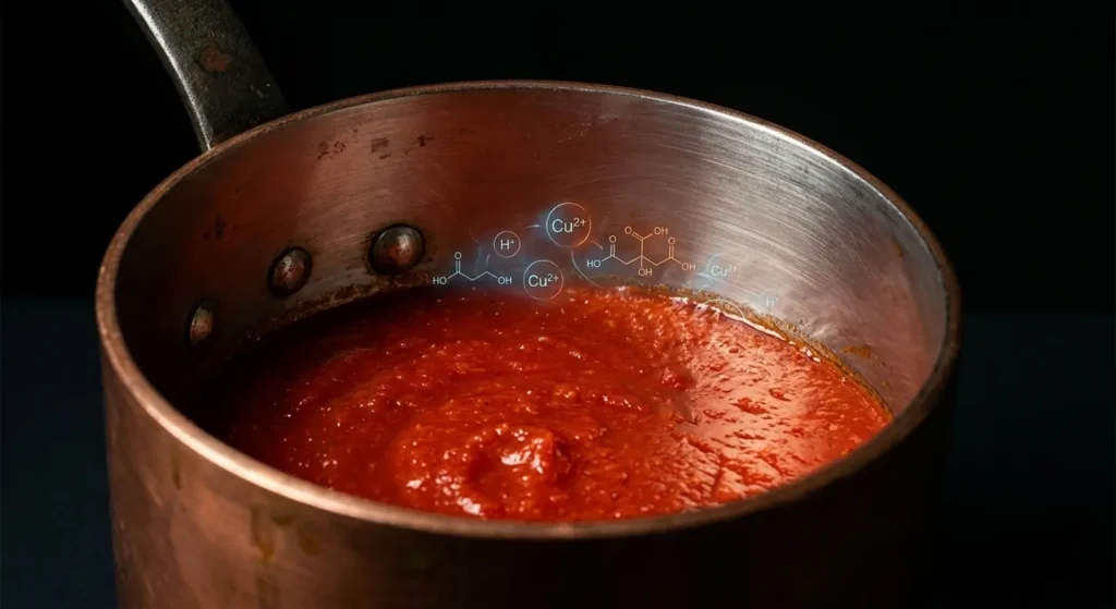 Copper pot with tomato sauce