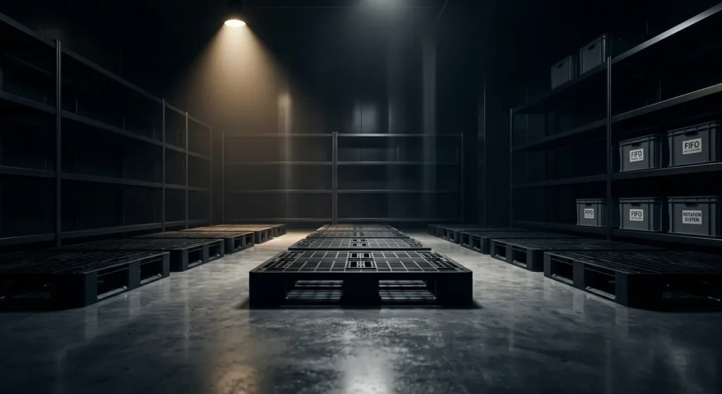 Warehouse aisle with empty pallets and shelving