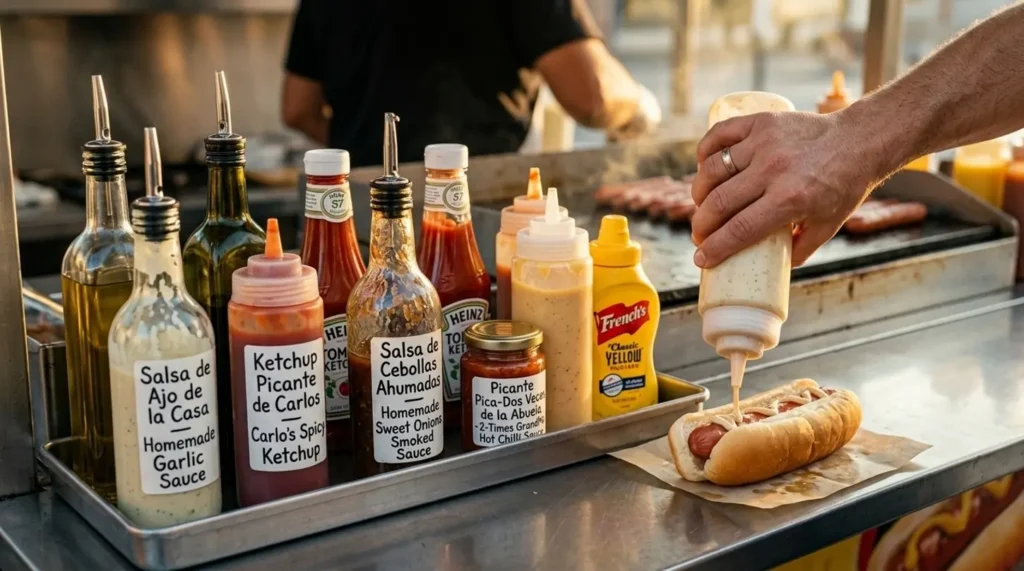 Hand squeezing sauce onto a hot dog among condiment bottles