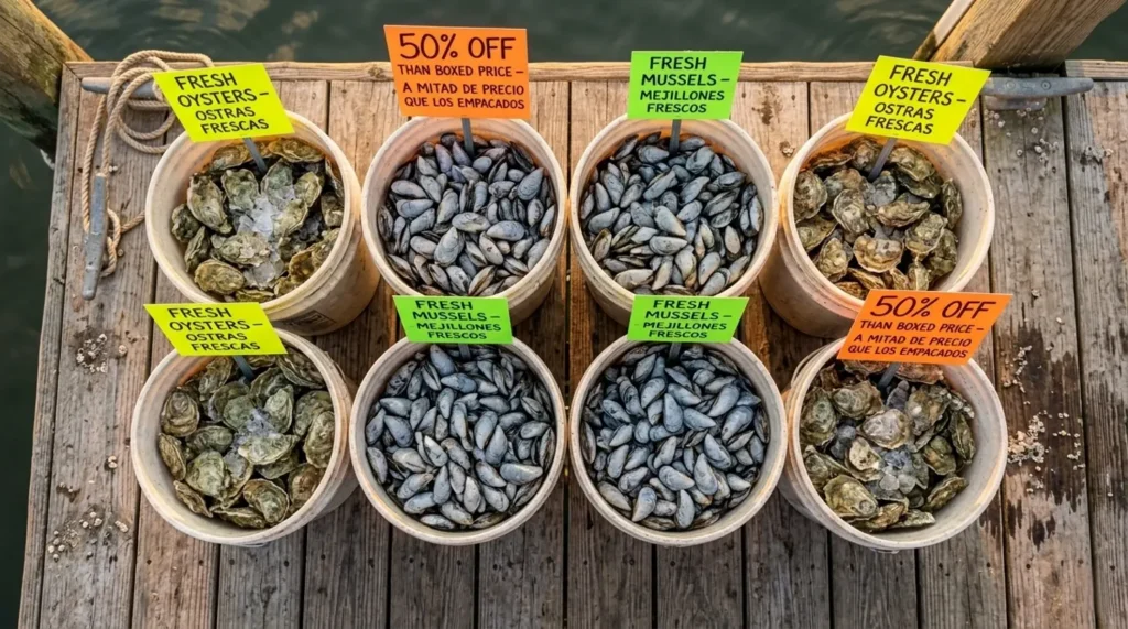 Bowls of seafood with discount labels at a market stall