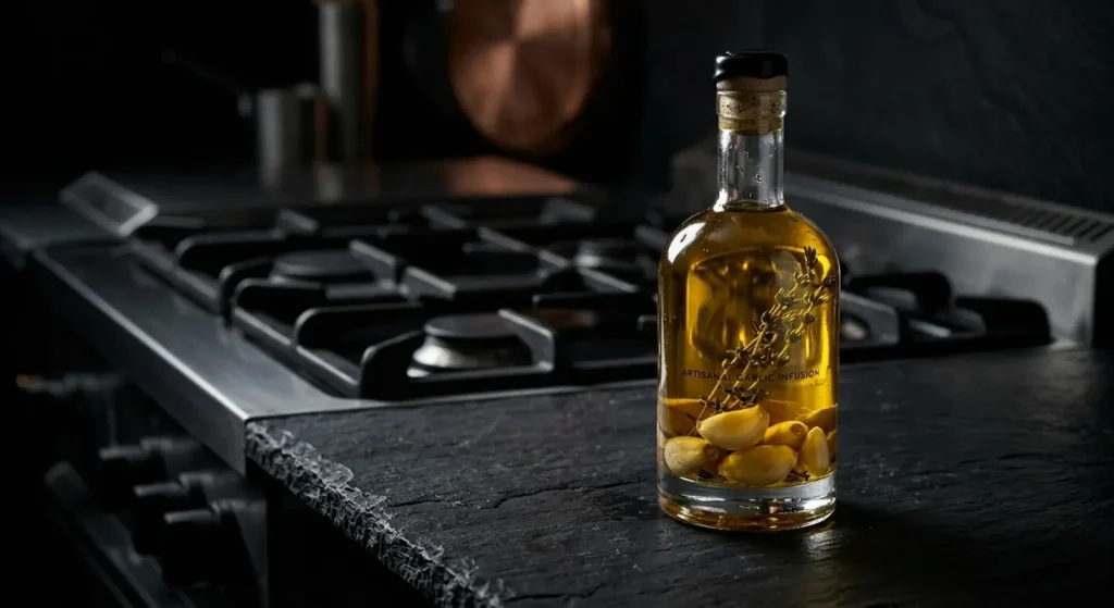 Bottle of oil infused with garlic and rosemary on a kitchen counter