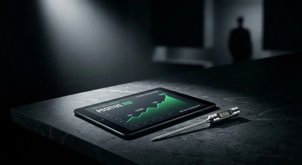 Tablet showing a profit-and-loss chart on a dark table