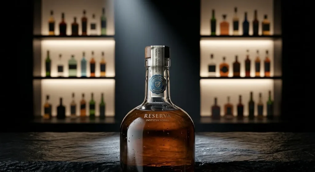 Liquor bottle in front of lit bar shelves