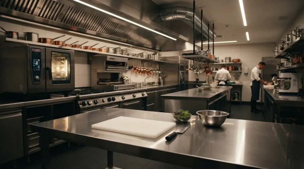 Professional kitchen with a cutting board, knife and cooks in the background