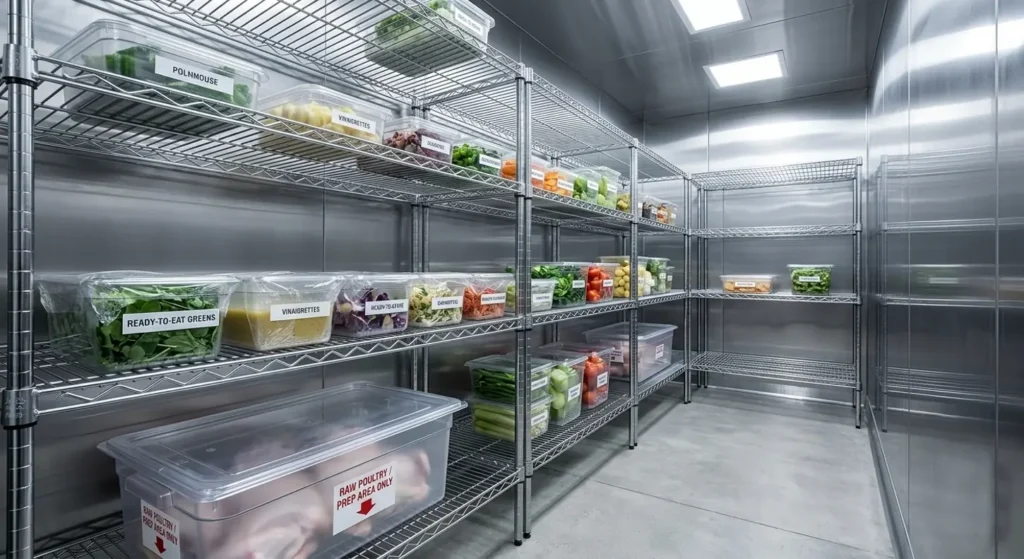 Interior of a walk-in refrigerator with shelves of food