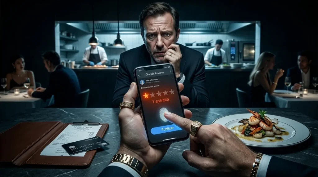 Restaurant manager blackmailed by an influencer.