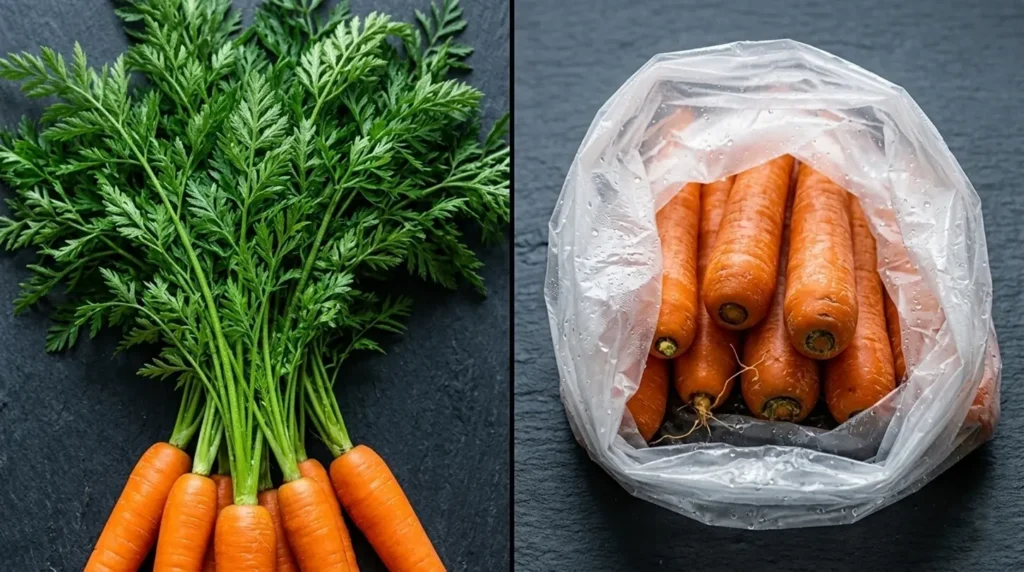 Split image: carrots with tops and a bag of carrots without tops.
