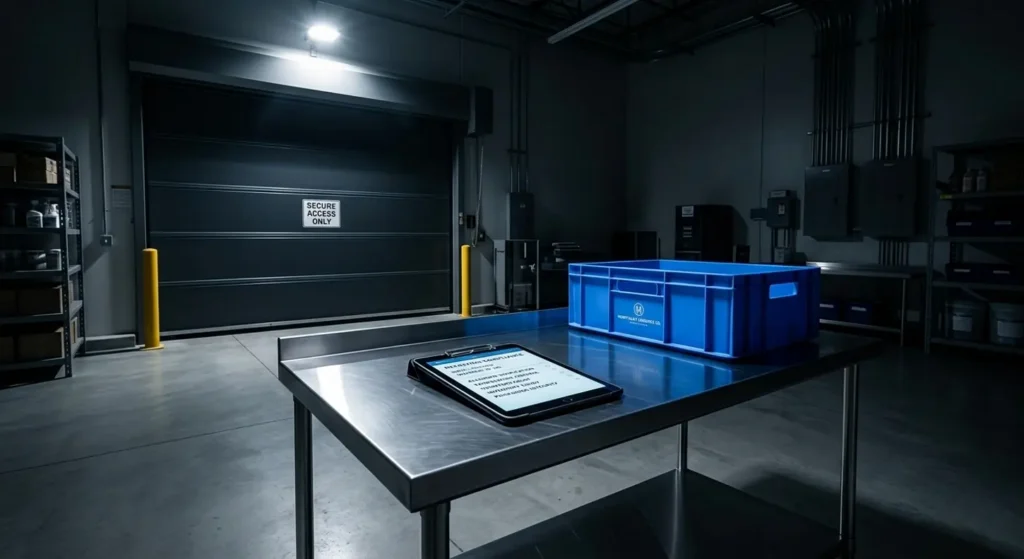 Loading dock with boxes and a tablet on a table