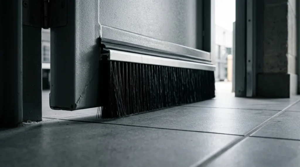 Brush door sweep at the bottom of a kitchen door