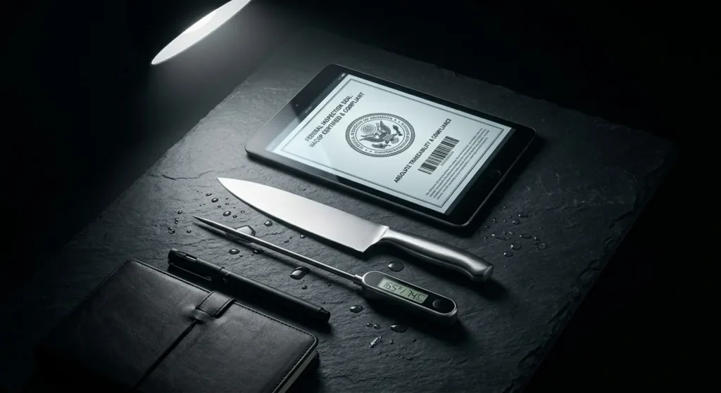 Tablet with a meat inspection report, a knife, and a thermometer.