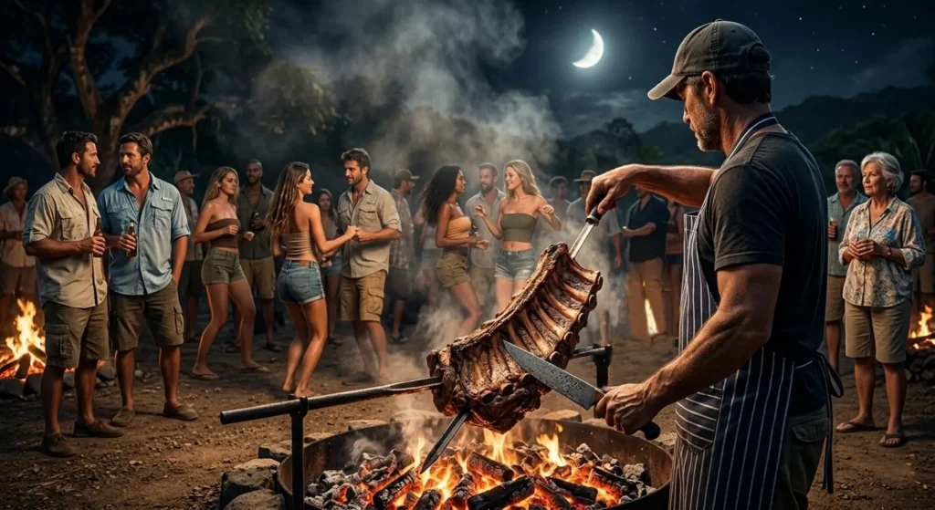 People gathered around a lit grill at night
