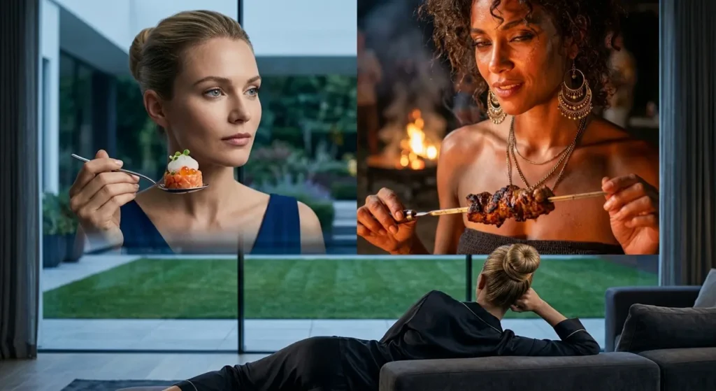 Collage of a woman eating meals in different context while she visualize herself reclining in a comfy couch