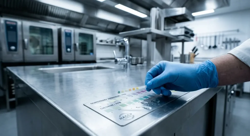 Gloved hand pointing to a HACCP control sheet on a stainless-steel table