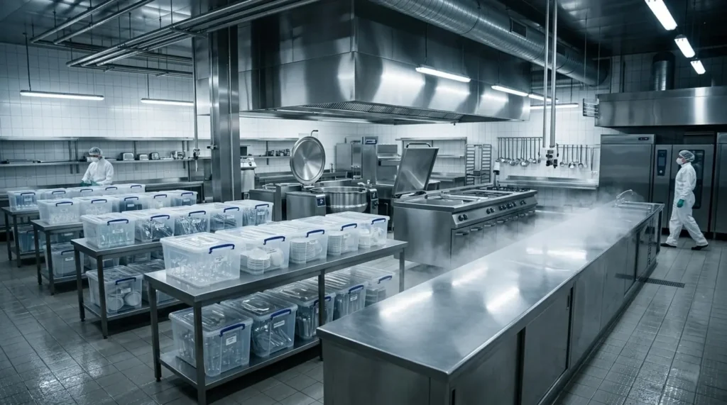 Commercial kitchen with clear containers on stainless-steel tables