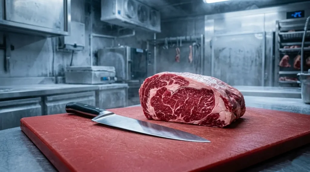 Beef loin on a red cutting board with a knife, inside a walk-in cooler.