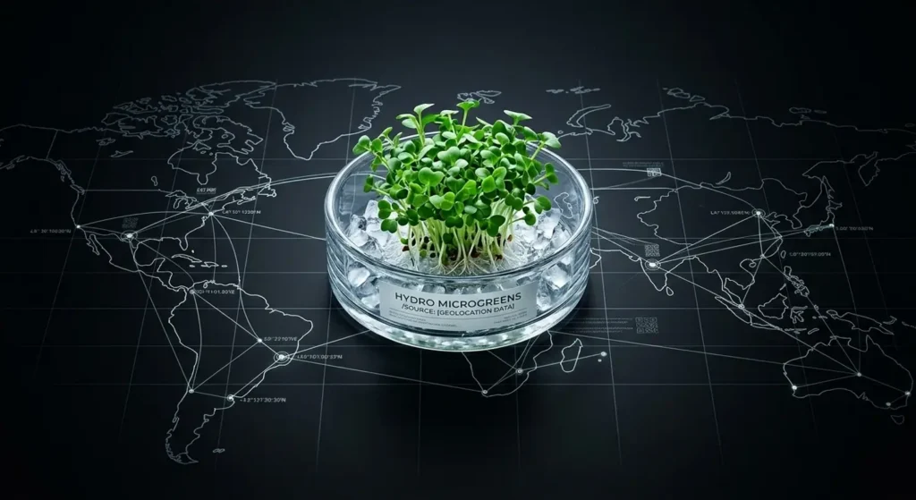 Microgreens in a bowl over a world map