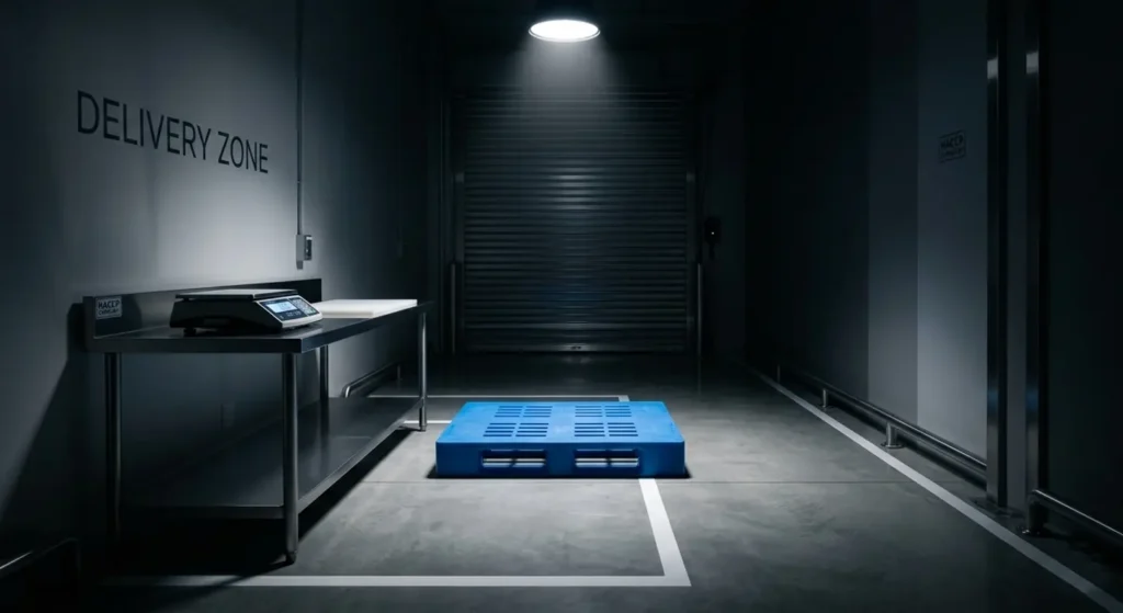 Loading dock with a blue pallet and a Delivery Zone sign