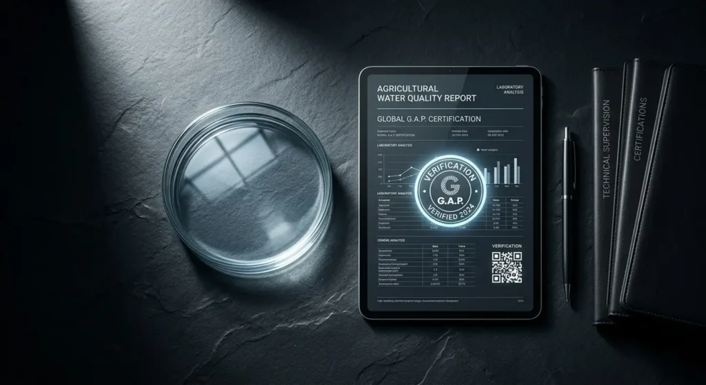 Tablet with a water quality analysis report and a Petri dish.