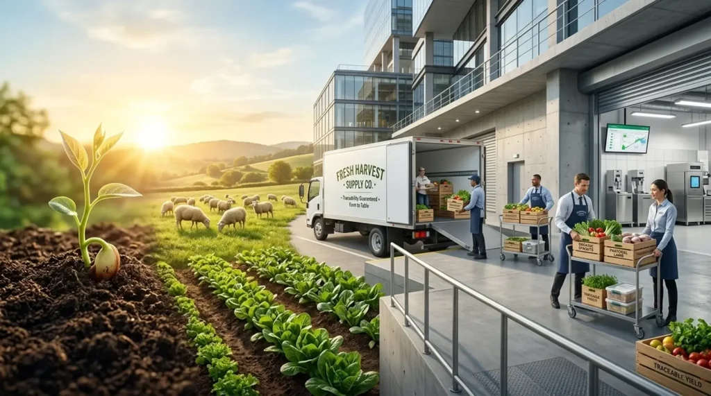 Farm field next to a delivery truck and warehouse